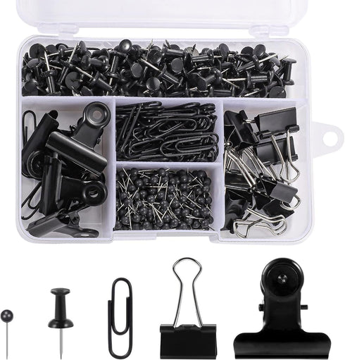 500 Pcs Black push pins Set, Binder Clips Paper Clips Map Tacks Sets Decorativefor Cork Board 5 Style Black Office Supplies for School and Home (B...