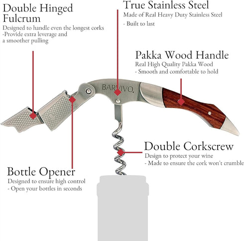 Barvivo Wine Opener with Foil Cutter and Cap Remover - Double Hinged Corkscrew for Bartenders - Stainless Steel Wine Key for Easy Bottle Opening -...