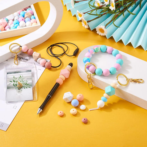 FASHEWELRY 122Pcs Pastel Silicone Beads for Keychain Making Colorful Round Silicone Focal Beads Abacus Hexagon Rubber Beads for DIY Crafts Jewelry...