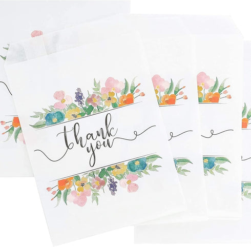100 Pack Paper Cookie Bags - 7.5 x 5 Inch for Party Favors, Treats and Candy; Wedding Individual Bag with Floral Thank You Design & Mini Gift Pouc...