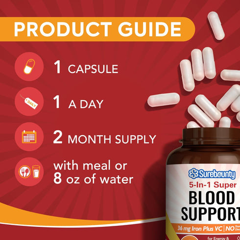 Iron Supplement, Iron Bisglycinate with Folate, Vitamin C, B6, B12, 5-in-1 Blood Support, Gentle on Stomach, Once Daily, Vegan, 60 Capsules...