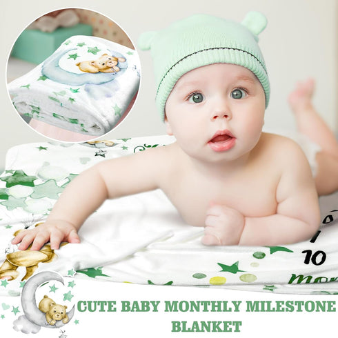 Sleeping Bear Monthly Baby Milestone Blanket Bear Star Balloon Flannel Blanket Boy Newborn Infant Swaddle Blanket Growth Chart Baby Blanket with F...