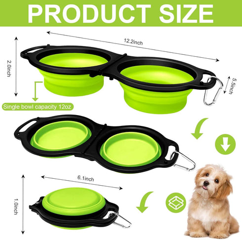 Collapsible Silicone Cat and Dog Travel Bowls,2 in 1 Foldable Pet Feeding and Watering Dish for Walking Camping Hiking with Carabiner (Green)...