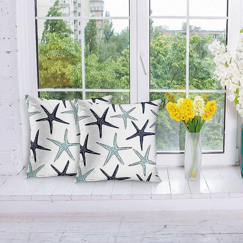 Emvency Set of 2 Throw Pillow Covers Beach Ocean Coastal Green and Blue Starfish Decorative Pillow Cases Home Decor Standard Square 18x18 Inches S...