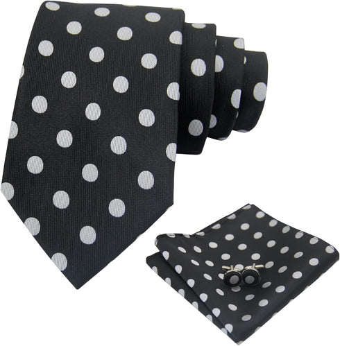 Men's Tie Sets, Black and White Polka Dot Ties for Men with Pocket Square Tie Bar/Cufflinks for Wedding Business...