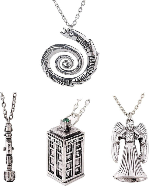 Luomi Doctor Who 4 Pack Different Necklace Wibbly Wobbly Timey Wimey 11th Doctor Sonic Screwdriver Pewter Finish Inspired 3D Police Box...