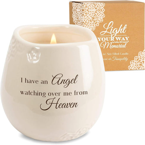 Pavilion Light Your Way Memorial Ceramic Vessel - 100% Soy Wax Candle with "I Have an Angel Watching Over Me From Heaven" Text, Decorative Soy Fil...