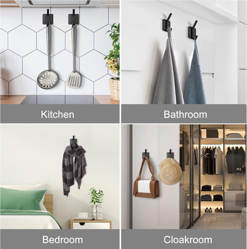 Adhesive Hooks - Stick Wall Hooks for Towel Robe Coat Bathroom,Bedroom,Kitchen - Black 4 Pack...