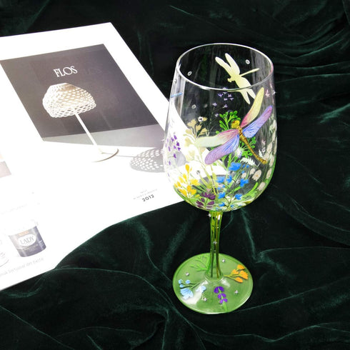 NymphFable Hand Painted Wine Glass Colorful Dragonfly Flower Artisan Painted 15 oz Glass Novelty Gift for Birthdays,Weddings,Valentine's Day...