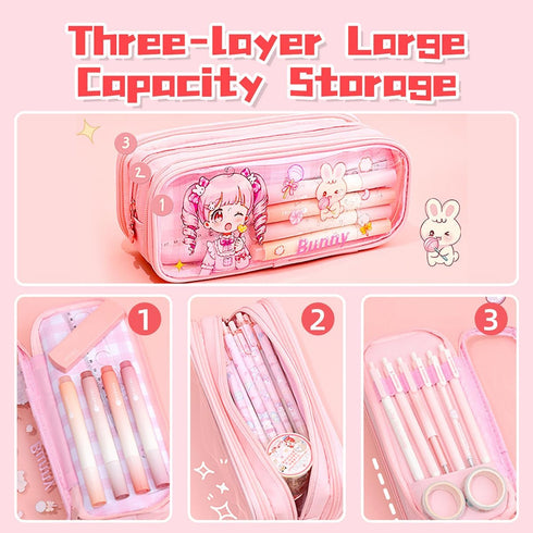 ITA Pencil Pouch Kawaii Large Capacity Pen Case : Cute Aesthetic Pencil Box Stationery Supplies for Teen Girls, 4 Included Highlighters (Pink)...