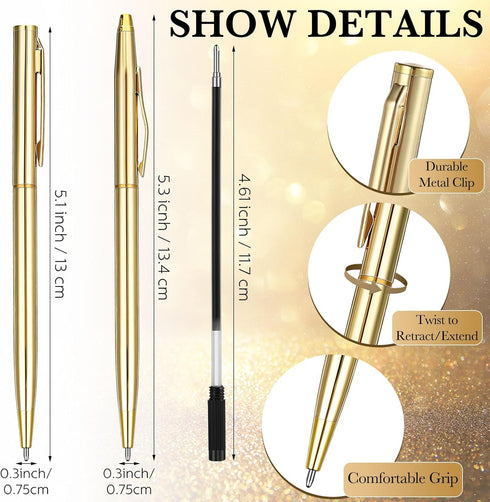 25 Pack Gold Pens Bulk Gold Metallic Pens Slim Ballpoint Pens Retractable Christmas Ballpoint Pen with Black Ink Metal Pens Mini Conical Pens for ...