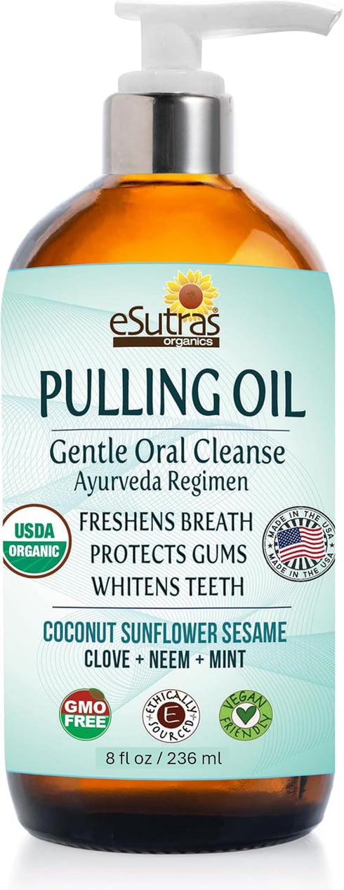 eSutras Pulling Oil Herbal Mouthwash Powerful Coconut Sesame Sunflower Oils + Essential Oils, Mint Clove Whitens Teeth Refreshes Breath Strengthen...