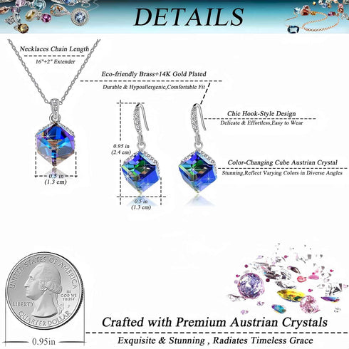EVEVIC Colorful Cubic Austrian Crystal Pendant Necklace Earrings for Women 14K Gold Plated Hypoallergenic Jewelry Set...