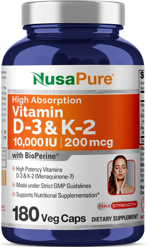 NusaPure Vitamin K2 (MK7) (200mcg) + Vitamin D3 (10000 IU) 180 Veg Caps - Bioperine, Soyfree, Non-GMO...