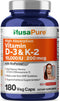 NusaPure Vitamin K2 (MK7) (200mcg) + Vitamin D3 (10000 IU) 180 Veg Caps - Bioperine, Soyfree, Non-GMO...