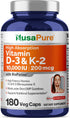 NusaPure Vitamin K2 (MK7) (200mcg) + Vitamin D3 (10000 IU) 180 Veg Caps - Bioperine, Soyfree, Non-GMO...