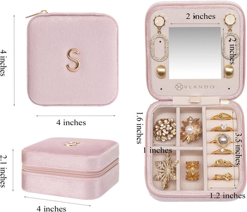 Vlando Small Travel Jewelry Box Organizer Display Case for Rings Earrings Necklaces Storage, Selected Soft Velvet, Letter L Engraved, Pink...