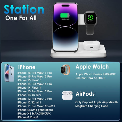 Wireless Charger, 3 in 1 Charging Station for Multi Devices, Charging Stand Dock for iPhone 8-16 Series, Apple Watch, AirPods Pro 3 2 with Adapter...