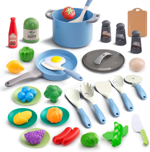 35Pcs Kids Kitchen Toy Accessories, Toddler Pretend Cooking Playset with Play Pots and Pans, Utensils Cookware Toys, Play Food Set, Toy Vegetables...