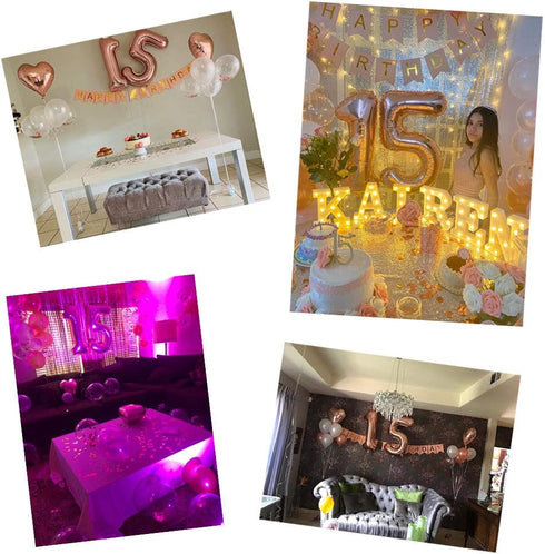 40Inch 15 Balloons Number Birthday Decorations, 15th Birthday Decorations for Girls with Rose Gold Banner Confetti Balloons 1" in Diameter Heart C...
