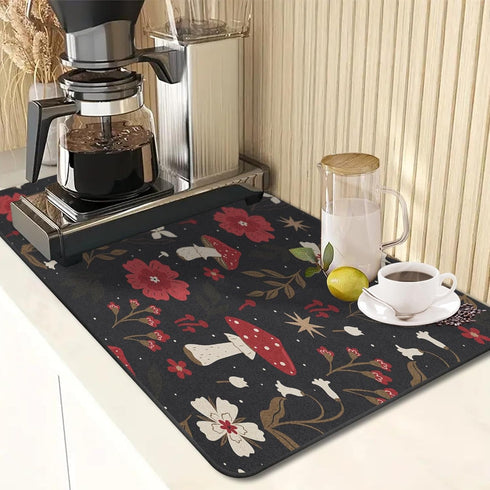Coffee Mat for Countertops, Mushroom Red Floral Black Dish Drying Mat 2 Pcs for Kitchen Coffee Bar Accessories, Fit Under Coffee Maker Espresso Ma...