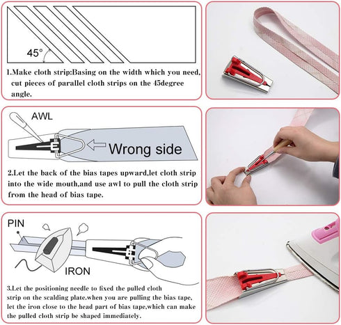BUTUZE Fabric Bias Tape Makers Kit with Sewing Awl, Positioning Pin, Adjustable Binder Clip,Wooden Awl,Foot Press -Practical Bias Tape Maker Set f...