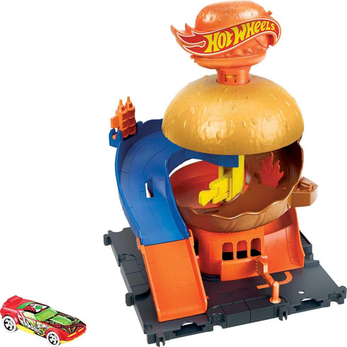 Hot Wheels Toy Car Track Set, City Burger Drive-Thru Playset & 1:64 Scale Car, Connects to Other Sets & Tracks...