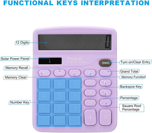 PATIKIL Desk Calculator, 12 Digits Large LCD Display Electronic Calculator Solar Battery Dual Power for Home Office Desktop, Purple...