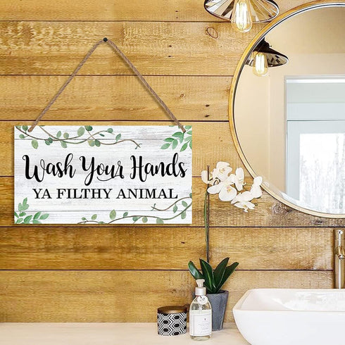 LHIUEM Wash Your Hands Ya Filthy Animal Sign,Funny Bathroom Wooden Hanging Wall Art, Green Plant Wood Plaques For Kitchen Toilet Home Decor(6''x 1...