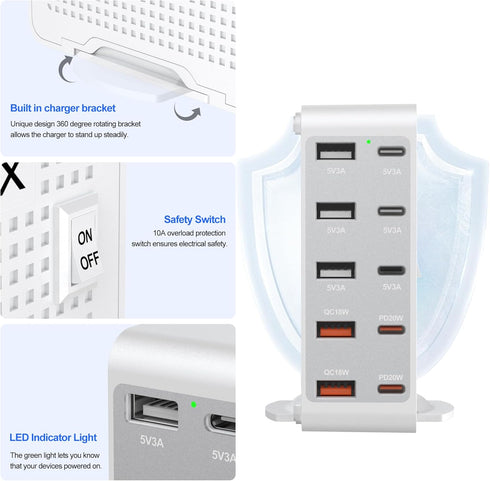 166W GaN10-Port USB C Charging Station PD20W QC18W Fast Charging Wall Charger for iPhone 15/14/13/12/11 iPad Samsung Pixel 5FT Extension Cord Whit...