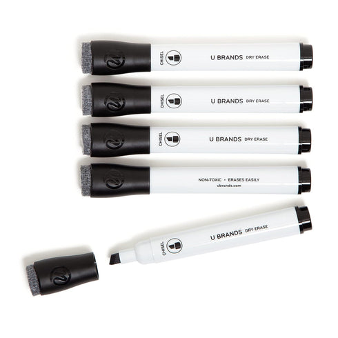 U Brands Low Odor Dry Erase Markers with Erasers, Chisel Tip, Black, 5 Count...