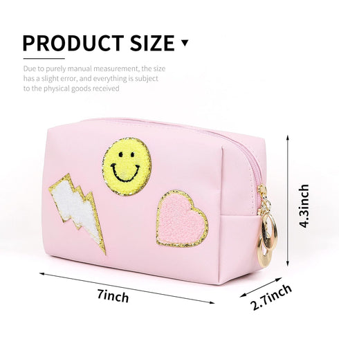 Preppy Patch Makeup Bag,Smile Lightning PU Leather Waterproof Makeup Bag for Girls,Daily Use Preppy Girls Stuff Makeup Bag,Travel Organizer Cosmet...
