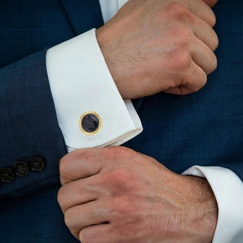Blue Sandstone Round Men's Cufflinks In Gift Case Silver / 14K Gold Plated Natural Gemstone Cufflinks for Men Jewelry for Wedding Party Business B...