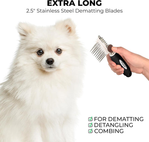Poodle Pet Dematting Fur Rake Comb Brush Tool - Dog and Cat Comb with Long 2.5 Inches Steel Safety Blades for Detangling Matted or Knotted Underco...