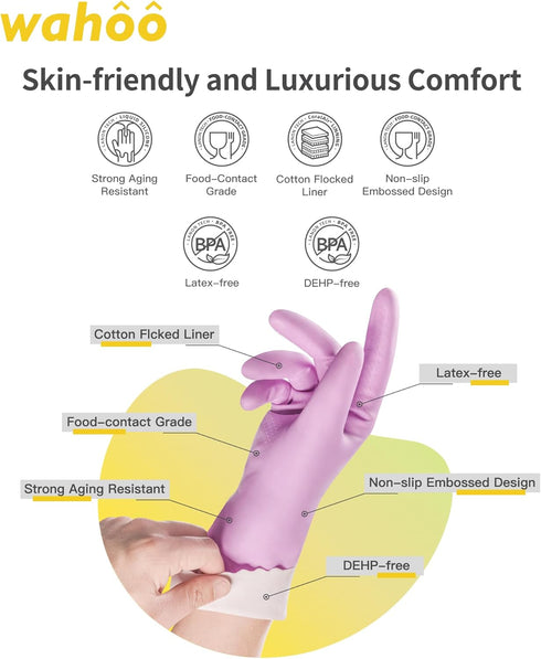 wahoo 3 Pairs Skin-Friendly Cleaning Gloves, Reusable Dish Washing Gloves with Flocked Cotton Liner, Dishwashing, Kitchen, Mauve Mist, Small...