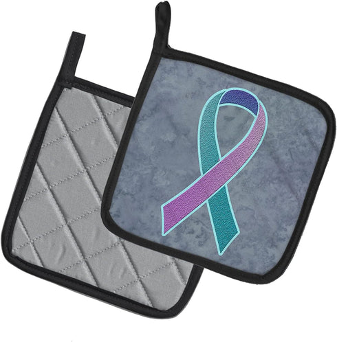 Caroline's Treasures AN1217PTHD Teal, Pink and Blue Ribbon for Thyroid Cancer Awareness Pair of Pot Holders Kitchen Heat Resistant Pot Holders Set...