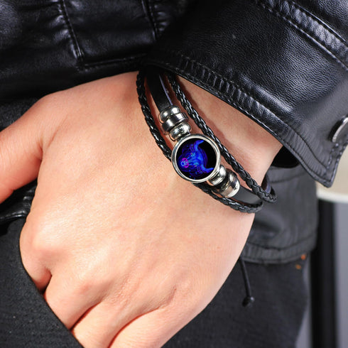 2Pcs Multilayer Constellation Zodiac Leather Bracelet Vintage Black Leather Bracelet Adjustable Handmade Woven Bracelet Birthday Trendy Jewelry fo...