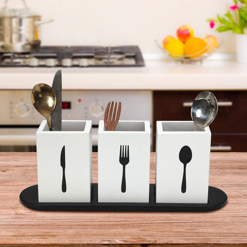Kathfly 4 Pcs Silverware Caddy Utensil Holder for Countertop Silverware Organizer with Wood Tray Spoon Fork Holder for Kitchen Parties(White)...