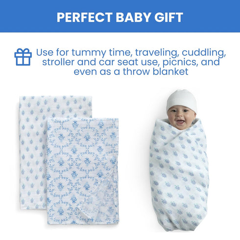 Delta Children 100% Cotton Muslin Baby Receiving Blankets for Girls and Boys – 47x47 Inches (Pack of 2), Blue Botanicals...