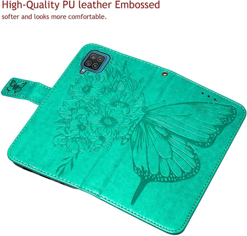 for Samsung Galaxy A12 Flip Cover Phone Case Wallet | Butterfly Floral Embossed, Wrist Strap, Card Holder Slots, Stand Leather Protective (Green)...
