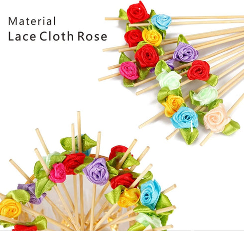 Minisland Multicolor Rose Flower Cocktail Picks, 4.7 Inch Long Bamboo Fancy Toothpicks for Appetizers, Bridal Shower Wedding Valentines Party Food...