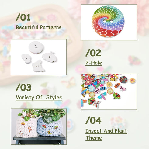 300Pcs Painted Wooden Buttons Insect Theme Poplar Wood Buttons Flower Dragon Fly Butterfly Bee Ladybugs Round Sewing Buttons with Floral Patterns ...