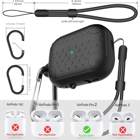 WaterProof Case for AirPods pro 2nd generation, Anti-Lost Silicone Protective Cover, Wireless Charging & LED Visible, with carabiner(Black 01)...