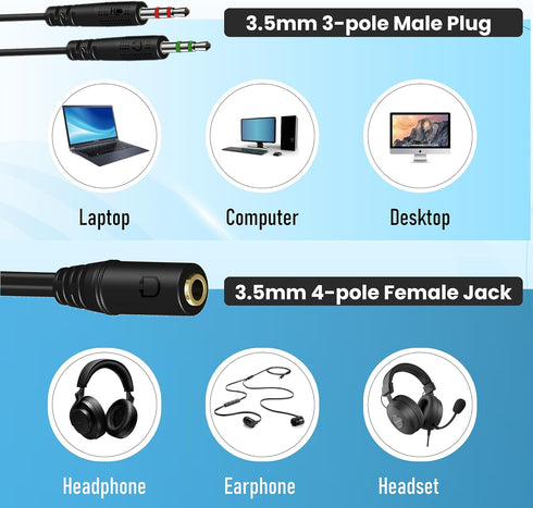 Headphone Splitter, 3.5mm Female to 2 3.5mm Male Audio Splitter Cable for Aux Microphone Mics Stereo Jack Earphones Port Cord Earbuds Gaming Heads...