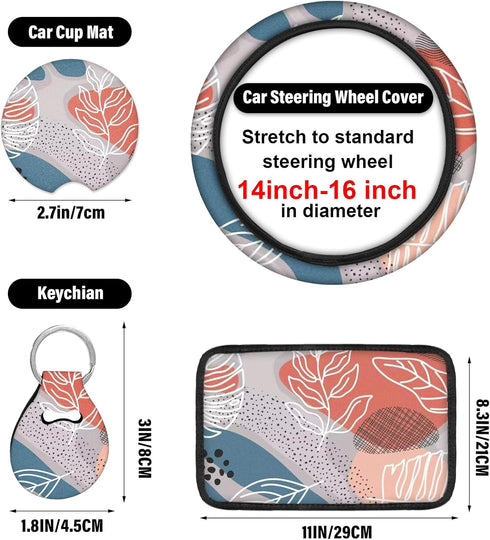 10 Pieces Abstract Painting Art Printing Car Steering Wheel Cover Center Console Armrest Pad Headrest Seat Belt Cover Handbrake Cover Keychain Coa...