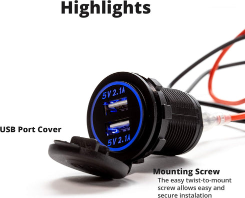 Heavy Duty 5V Dual USB 4.2A Charger with Blue LED for Marine, Boat, Motorcycle, Trucks, Golf Cart, Automotive, Cars and More......