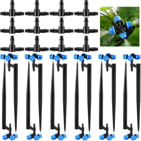 24 Pcs Drip Irrigation System Kits for Garden, 1/4" Irrigation Tubing 4-Outlet Misting Nozzle and Tee-connectors for Plant Flower Raised Bed Lawn ...