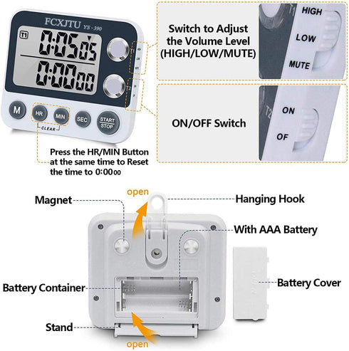 FCXJTU Digital Dual Kitchen Timer, Dual Count UP/Down Timer, Cooking Timer, Stopwatch, Large Display, Adjustable Volume Alarm and Flashing Light w...