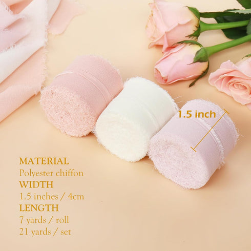 GLAMFIELDS Chiffon Ribbon Fringe Fabric Set 1.5" x 21Yd for Bouquets Wrapping, Wedding Invitations, Decorations, Gifts Wrapping & Bow Making,3 Rol...