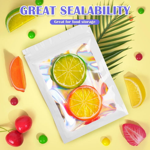 JETMORE Mylar Bags, 100 PCS Holographic Bags, White Smell Proof Bags with Front Window, Small Business Packaging Supplies, Resealable Bags for Foo...